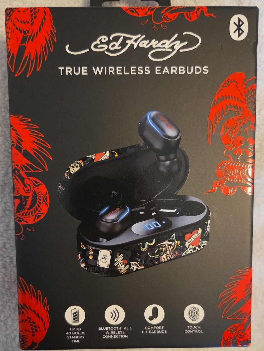Ed Hardy Black Wireless Earbuds with Red and Multi-Color Tattoo Accents